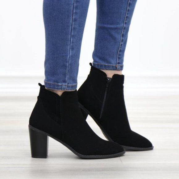 Black Perforated Design Ankle Heeled Boots - Picture 11 of 16